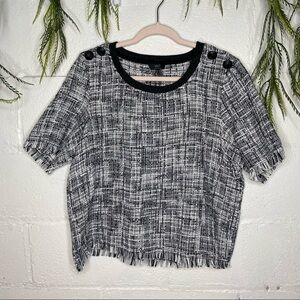 Yest Black & White Tweed Short Sleeve Fringe Pullover Blouse Size 10